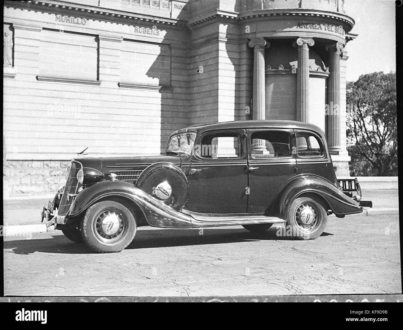 A photograph of a 1934 Hudson Terraplane car, used for a classified ad by Liberty and Fosters Motors in 1934. The image highlights the car’s design and vintage appeal. Stock Photo