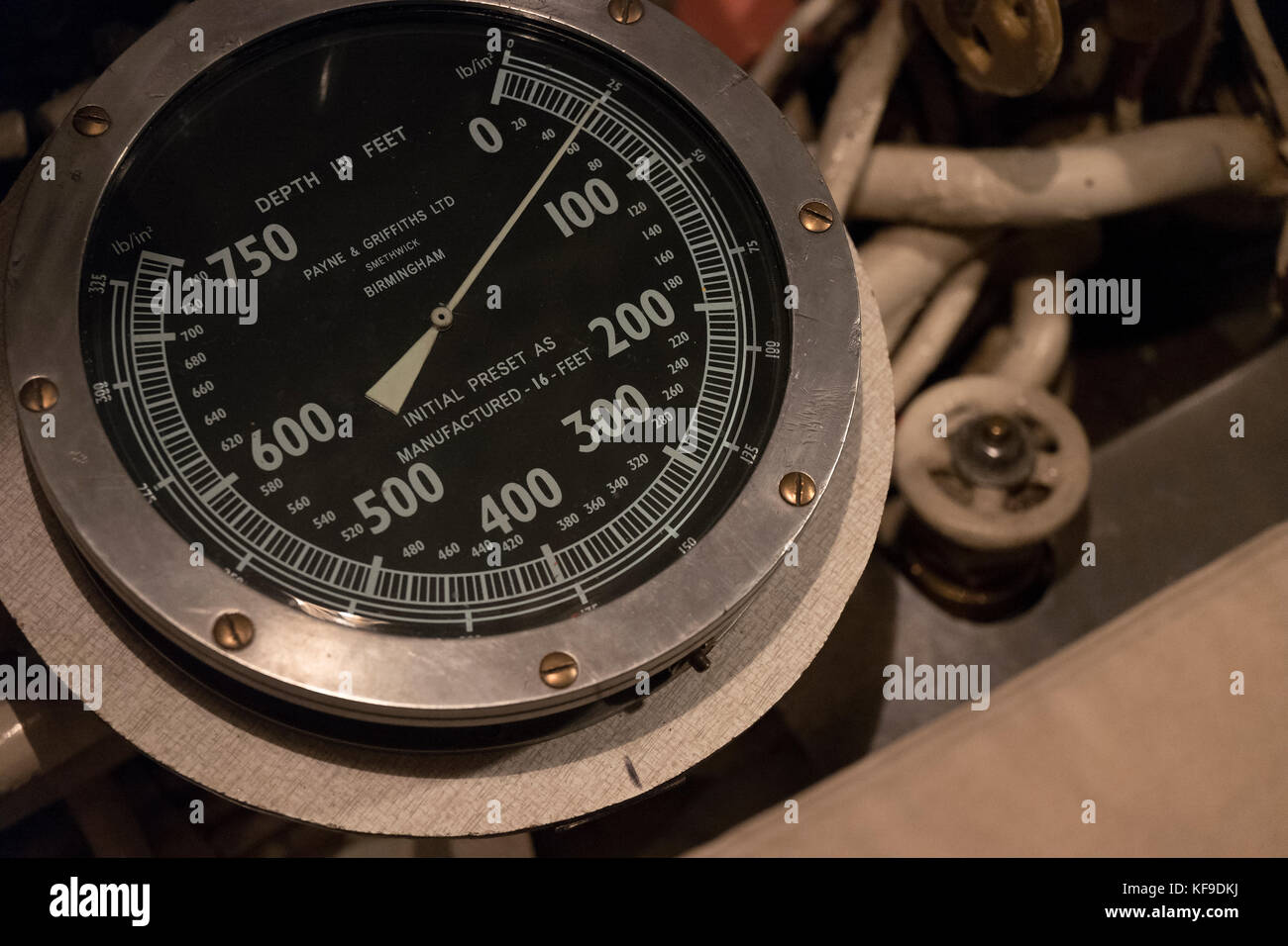 Depth gauge on submarine HMS Alliance at Gosport Royal Navy museum. Stock Photo