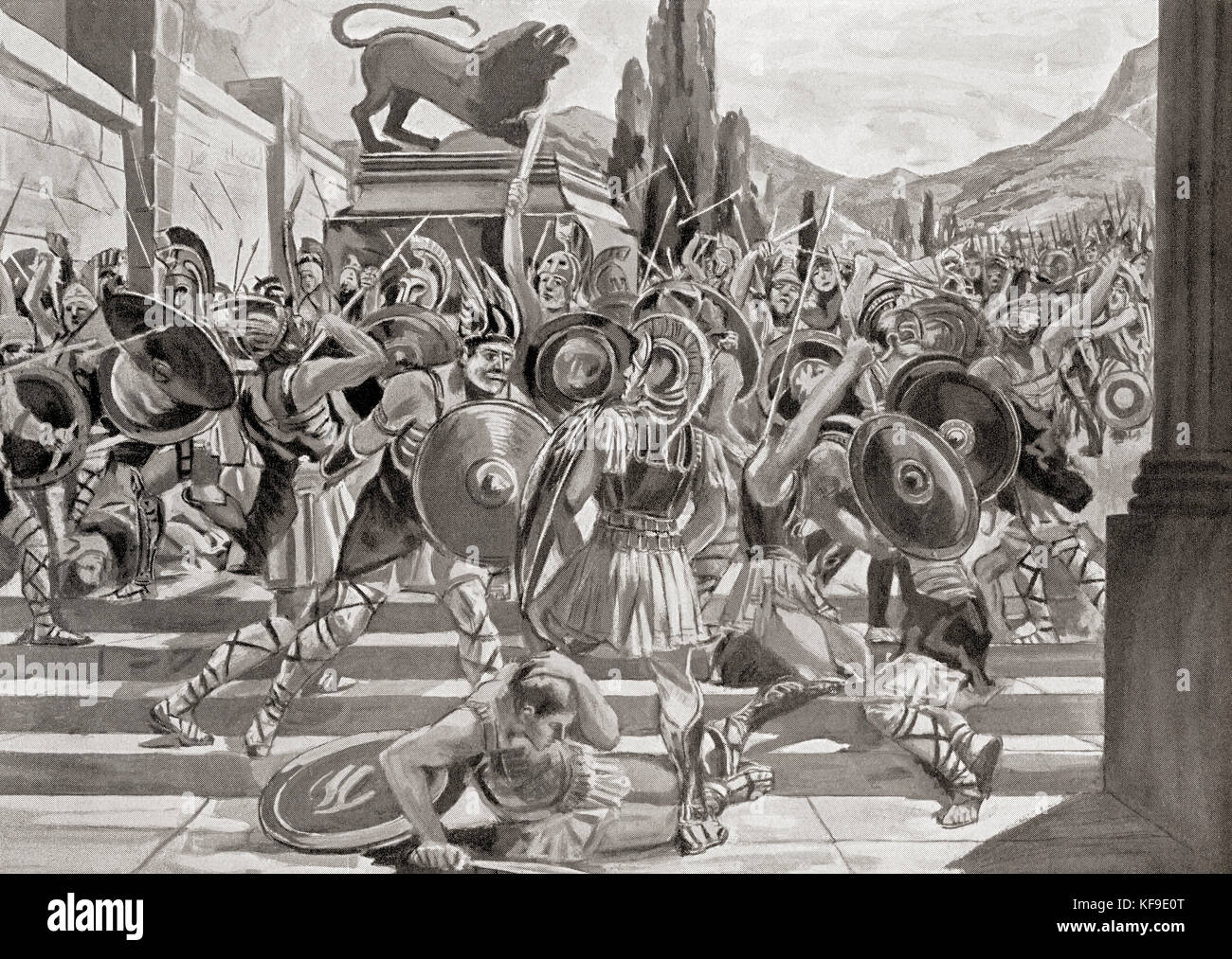 The Gauls under the leadership of Brennus aka Brennos, invading Macedonia, 280 BC.   Brennus aka Brennos d. 279 BC. Gaul leader of the army of the Gallic invasion of the Balkans.  From Hutchinson's History of the Nations, published 1915. Stock Photo