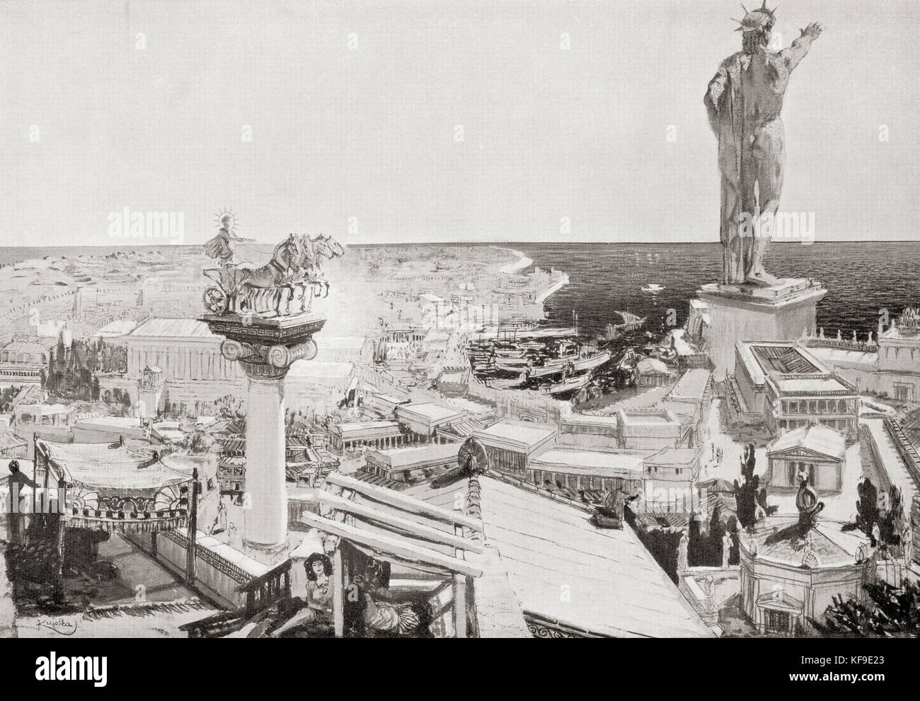 The Colossus of Rhodes.  A statue of the Greek titan-god of the sun Helios, erected in the city of Rhodes, Greece by Chares of Lindos in 280 BC. One of the Seven Wonders of the Ancient World.  From Hutchinson's History of the Nations, published 1915. Stock Photo
