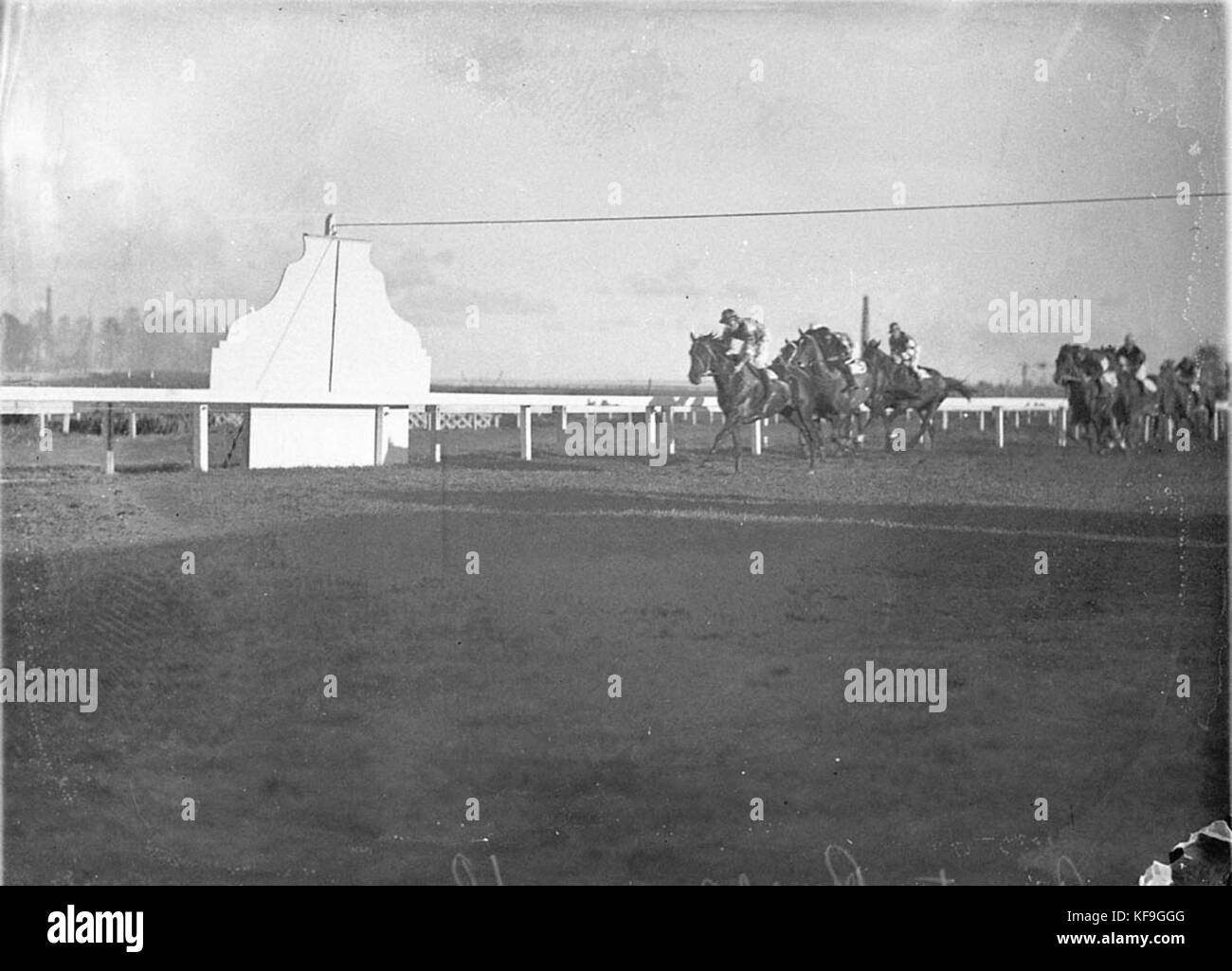442581 Horses pass the winning post Stock Photo
