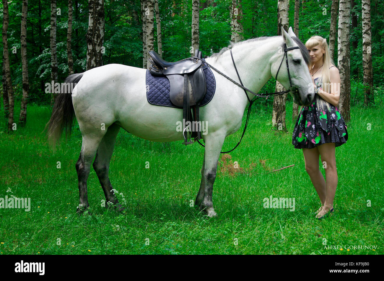 Girl and horse walking in the woods Stock Photo