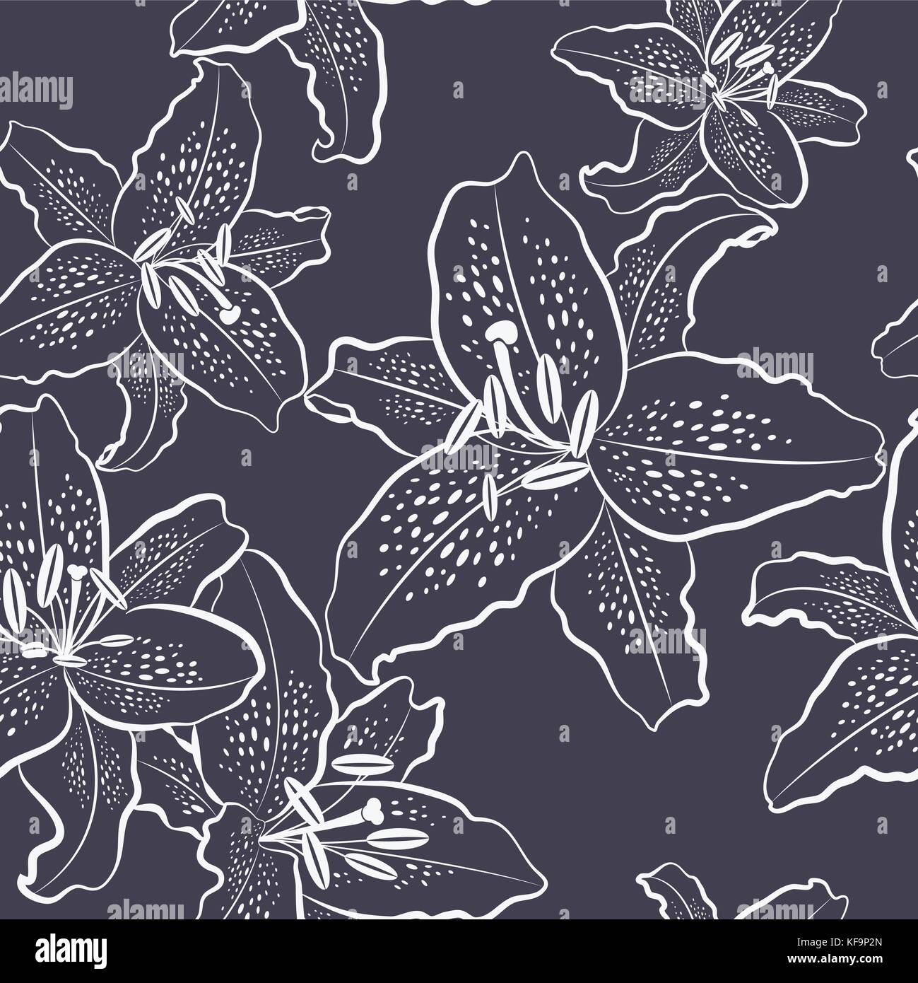 Seamless pattern, white lily on a black background, vector illustration ...