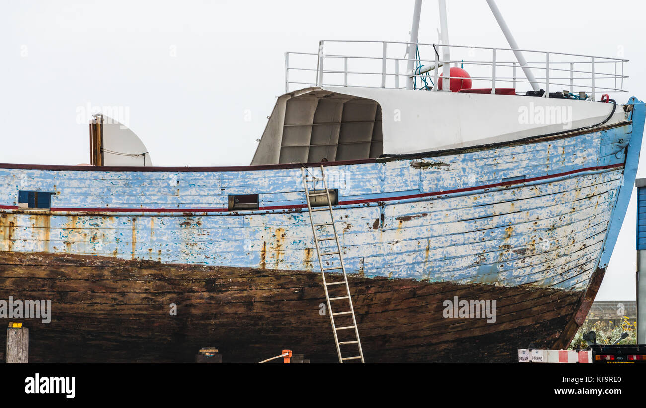 A shot of a boat undergoing restoration work at Hartlepool marina, UK. Stock Photo