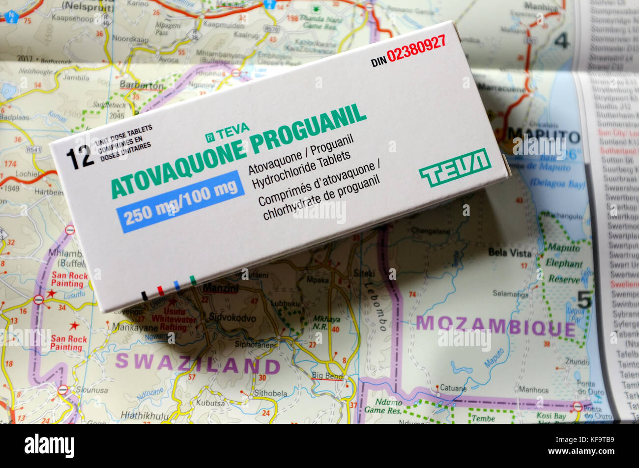 A packet of Malaria tablets on top off a map of Southern Africa. Stock Photo