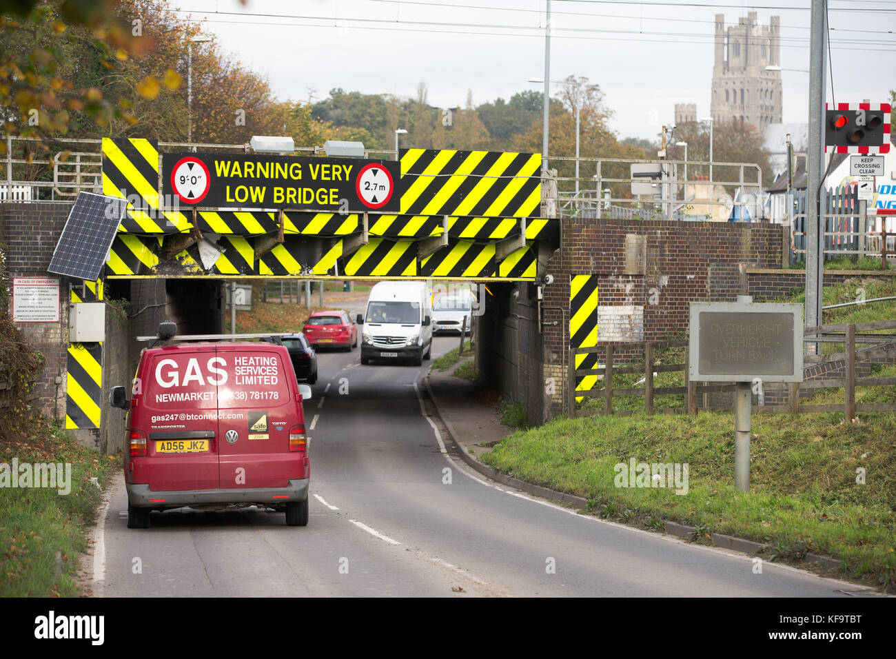 the Stuntney Road bridge in Ely,Cambs,on October 26th which has today been revealed as the most bashed bridge in Britain.  The most bashed bridge in Britain has been hit 113 times in the last eight years, it has been revealed today (Thurs).  Stuntney Road bridge in Ely, Cambridgeshire has had the most strikes, according to new information released by Network Rail.  The railway suffers almost 2,000 bridge strikes every year costing the taxpayer some £23 million in damages and delays.  The end of this month sees a peak in the number of strikes, rising to almost 10 per day. Stock Photo