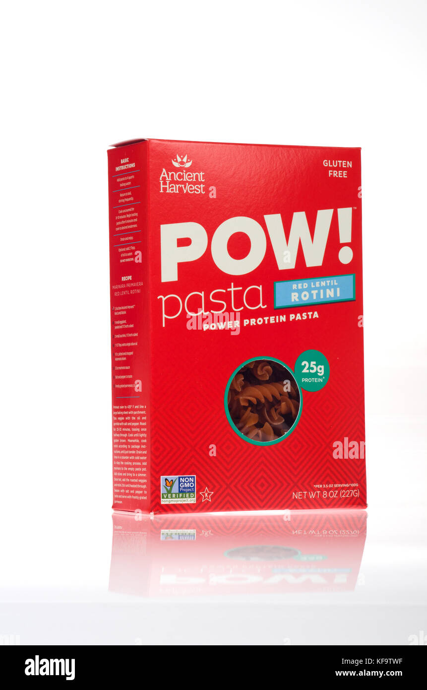 POW! Red Lentil Rotini Pasta box from Ancient Harvest company Stock Photo
