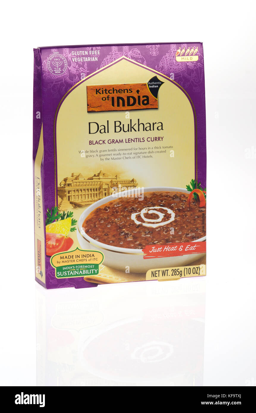 Box of Dal Bukhara Black Gram Lentils Curry readymeal made in India Stock Photo