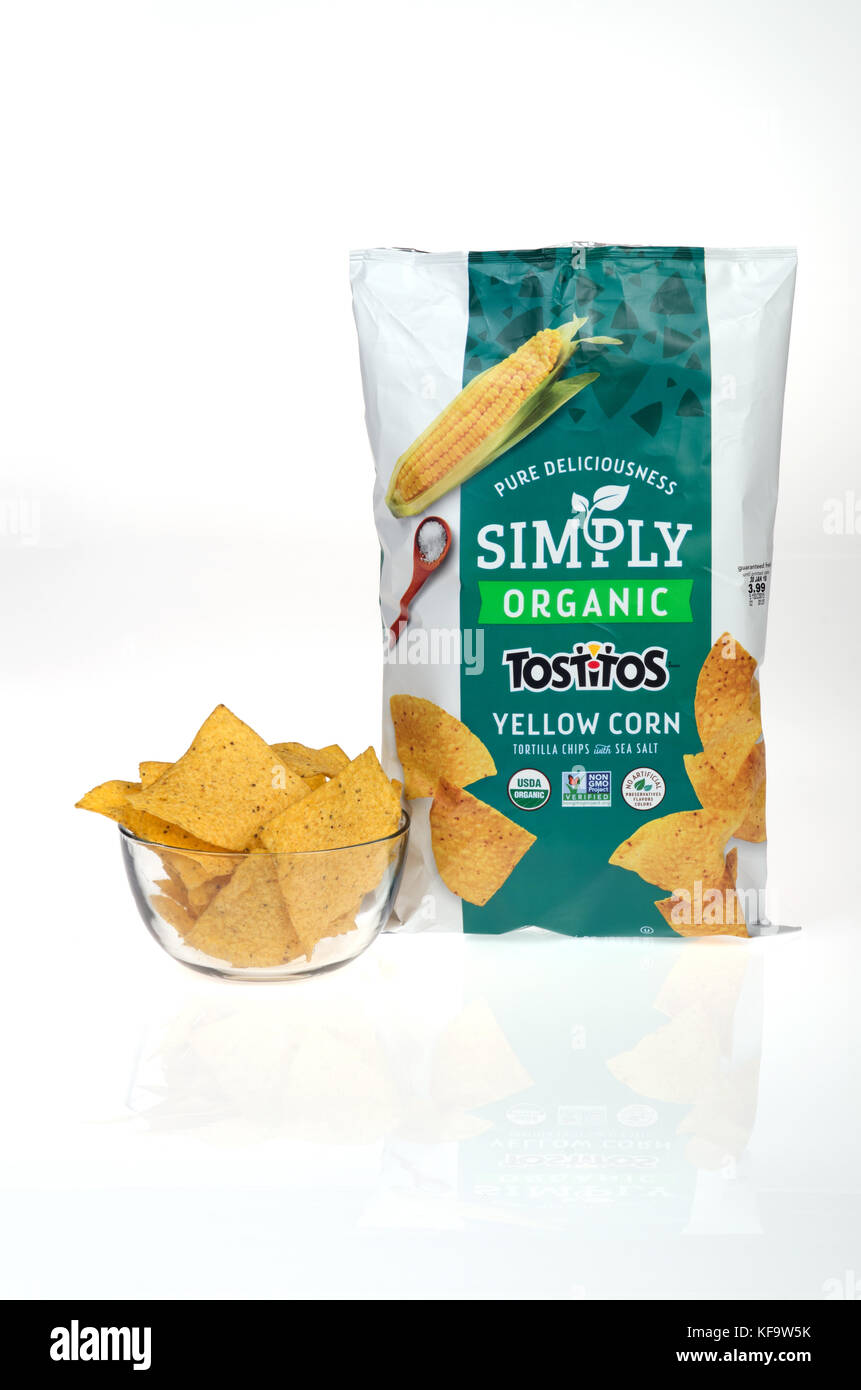 Bag of Frito-Lay Simply Organic Tostitos yellow corn chips Stock Photo