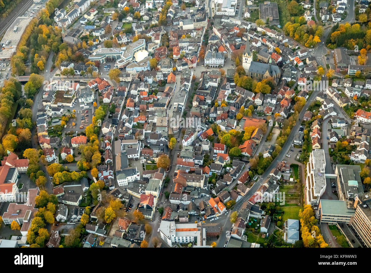 Downtown Menden, City Center, Old Town Hall, New Town Hall, Menden, Sauerland, North Rhine-Westphalia, Germany, Europe, Aerial View, Aerial, aerial ph Stock Photo