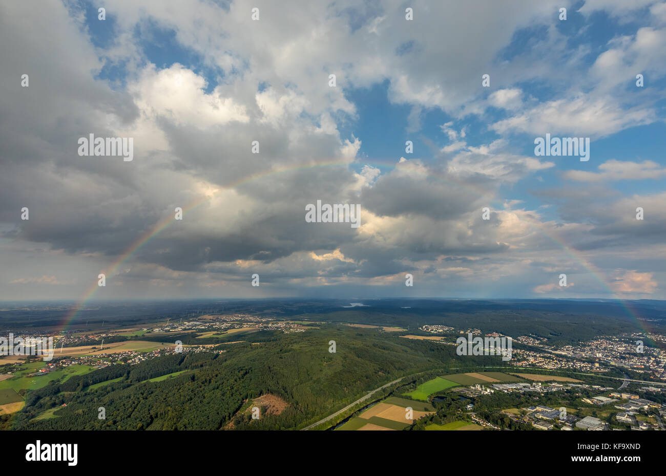 Rainbow in flight over Neheim-Husten, clouds and Sauerland, blue sky, rainbow off the plane seen Arnsberg, Sauerland, North Rhine-Westphalia, Germany, Stock Photo