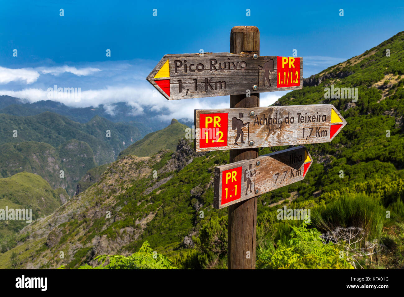 Directions sign along the trail from Pico do Arieiro to Pico Ruivo, Madeira, Portugal Stock Photo
