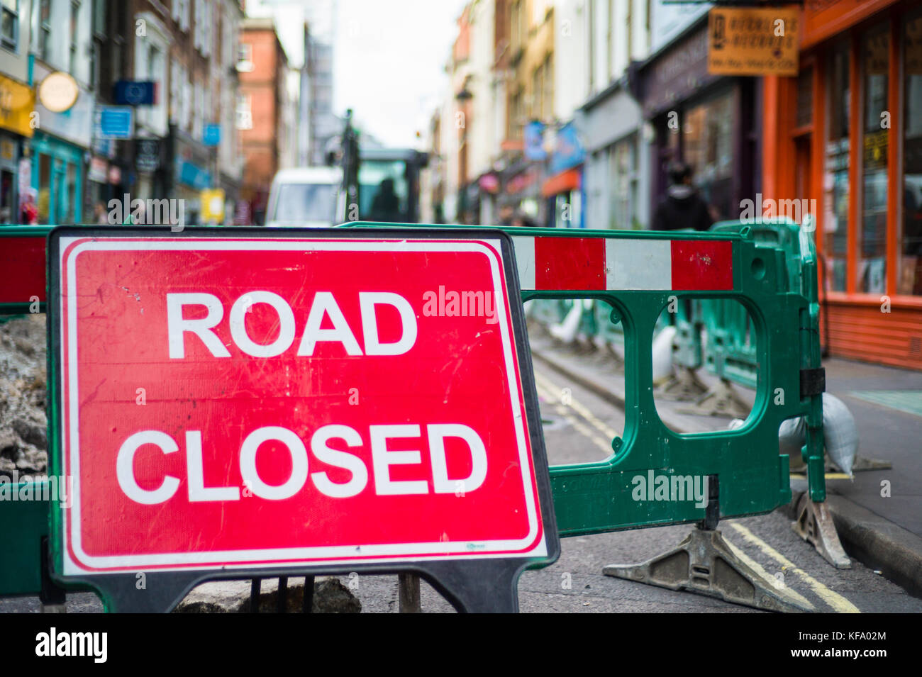 Road Closed Roadworks - a road is closed for repair work in Soho in central London Stock Photo