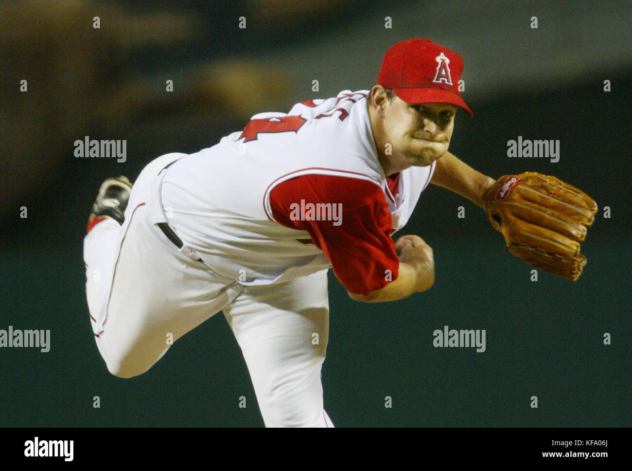 Anaheim Angels' pitcher Aaron Sele delivers a pitch against the Chicago White Sox in the first inning in Anaheim, Calif.  on Saturday, Sept. 11, 2004.  Photo by Francis Specker Stock Photo