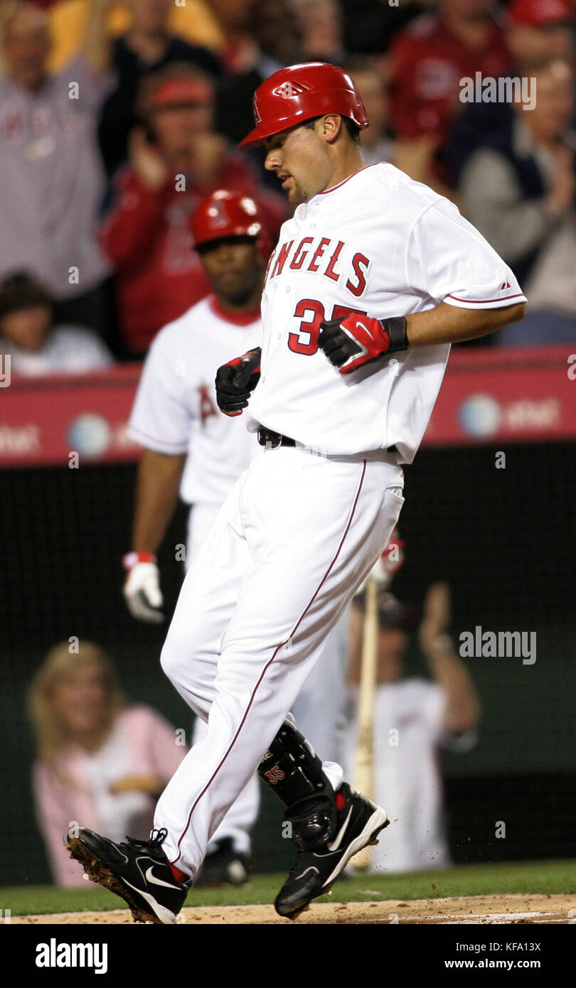 Los Angeles Angels' Casey Kotchman steps on home plate after hitting a home run off Texas Rangers pitcher Kevin Millwood in the second inning of a baseball game in Anaheim, Calif., on Monday, April 2, 2007. The Angels won 4-1. Photo by Francis Specker Stock Photo