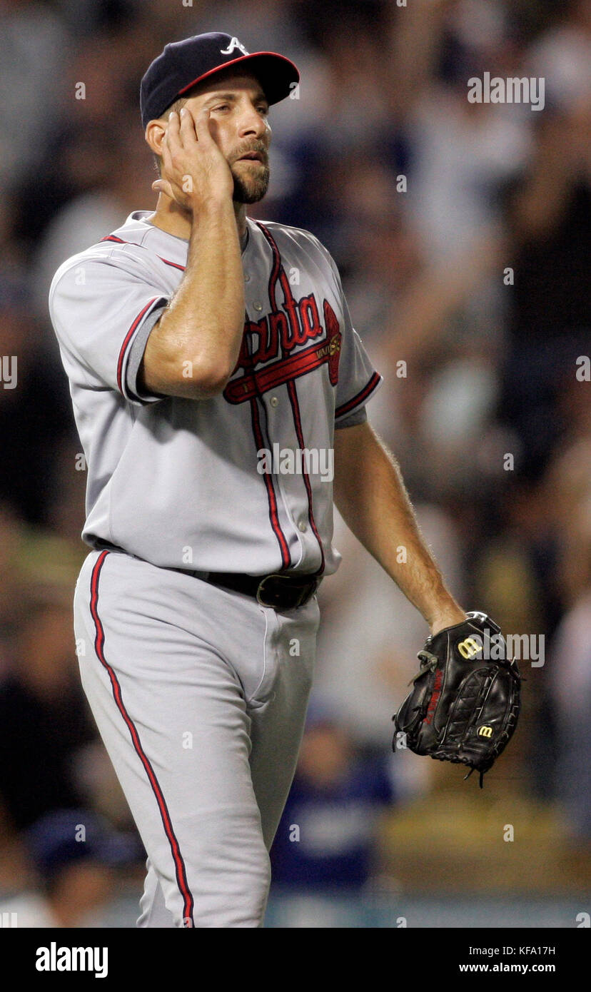 Atlanta Braves pitcher John Smoltz wipes his face after giving up a two-run homer to Los Angeles Dodgers' Matt Kemp in the sixth inning of a baseball game in Los Angeles on Monday, July 2, 2007. Photo by Francis Specker Stock Photo