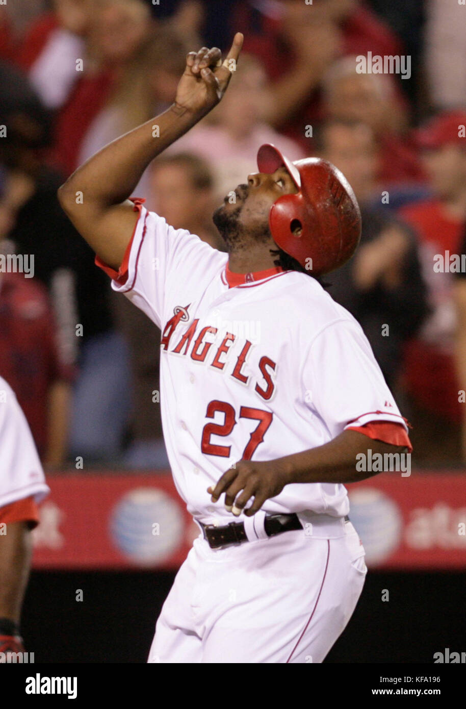 Los Angeles Angels' Vladimir Guerrero points to the sky while crossing home after hitting a two-run homer off Tampa Bay Rays pitcher James Shields during the fifth inning of a baseball game in Anaheim, Calif. on Tuesday, June 10, 2008. Photo by Francis Specker Stock Photo