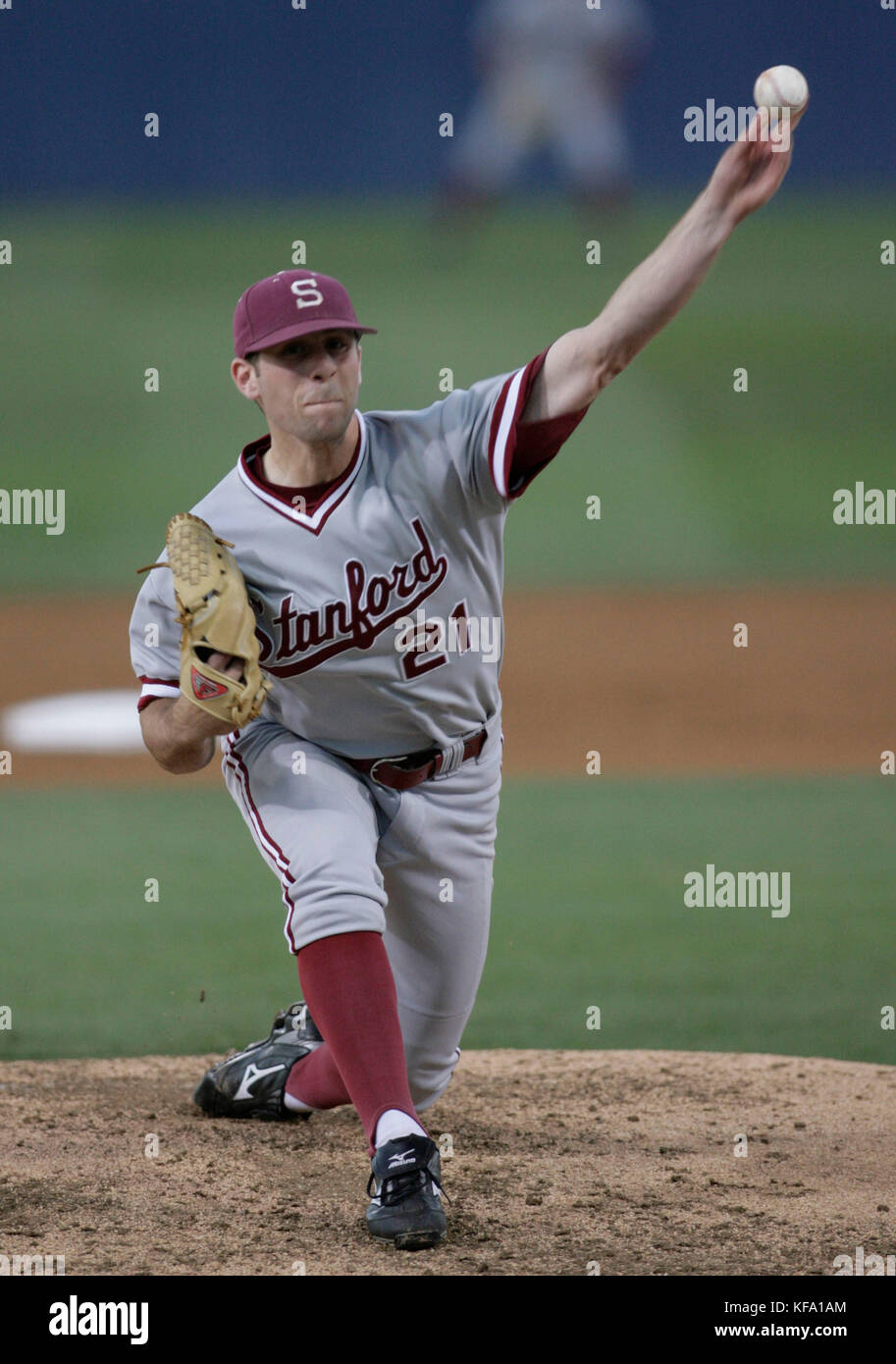 Stanford's Jeremy Bleich pitches against Cal State Fullerton during the first inning of a Super Regional NCAA college baseball game in Fullerton, Calif., on Friday, June 6, 2008. Photo by Francis Specker Stock Photo