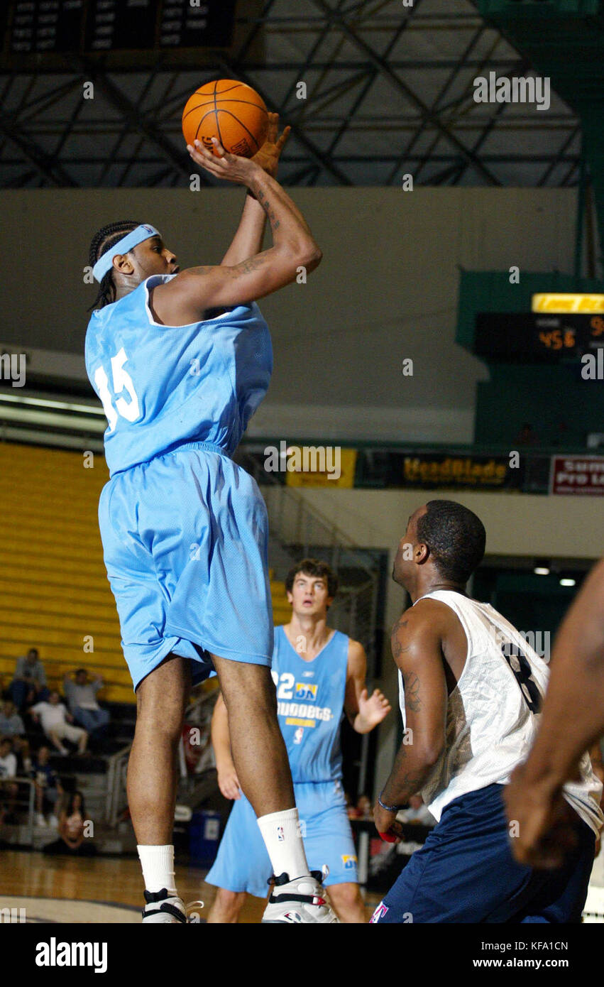 Denver Nuggets Carmelo Anthony, left, shoots over Los Angels Clippers Mike  Campbell, right, during a Southern California Summer Pro League game at the  Pyramid at Long Beach, Calif, on Thursday July 17,