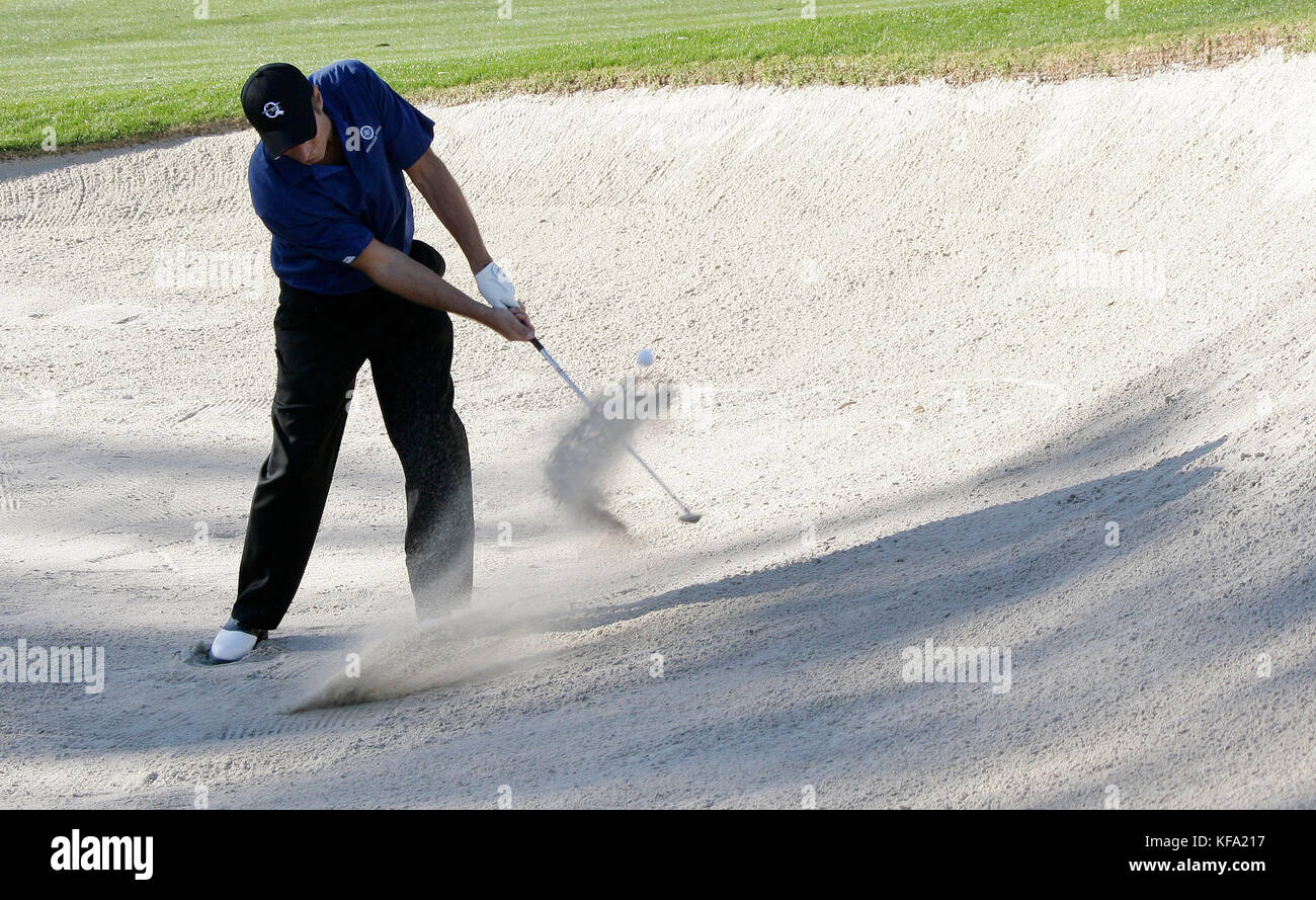 Singer Michael Bolton hits the ball out of a sand trap during a round of golf at the Bob Hope Chrysler Classic at the La Quinta Country Club in La Quinta, CA, on Thursday, Jan. 17, 2008. Photo credit: Francis Specker Stock Photo