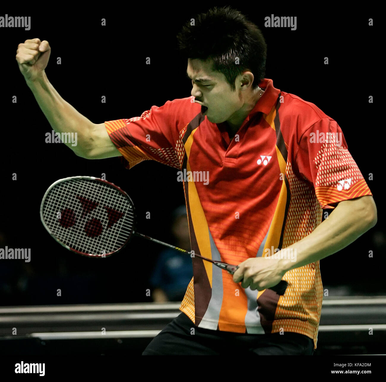 Dan Lin of China celebrates his quarterfinal victory over Hyun Ii Lee of Korea, 5-15, 15-7, 15-8, at the IBF Badminton World Championships in Anaheim, Calif. on Friday, Aug. 19, 2005.  Photo by Francis Specker Stock Photo