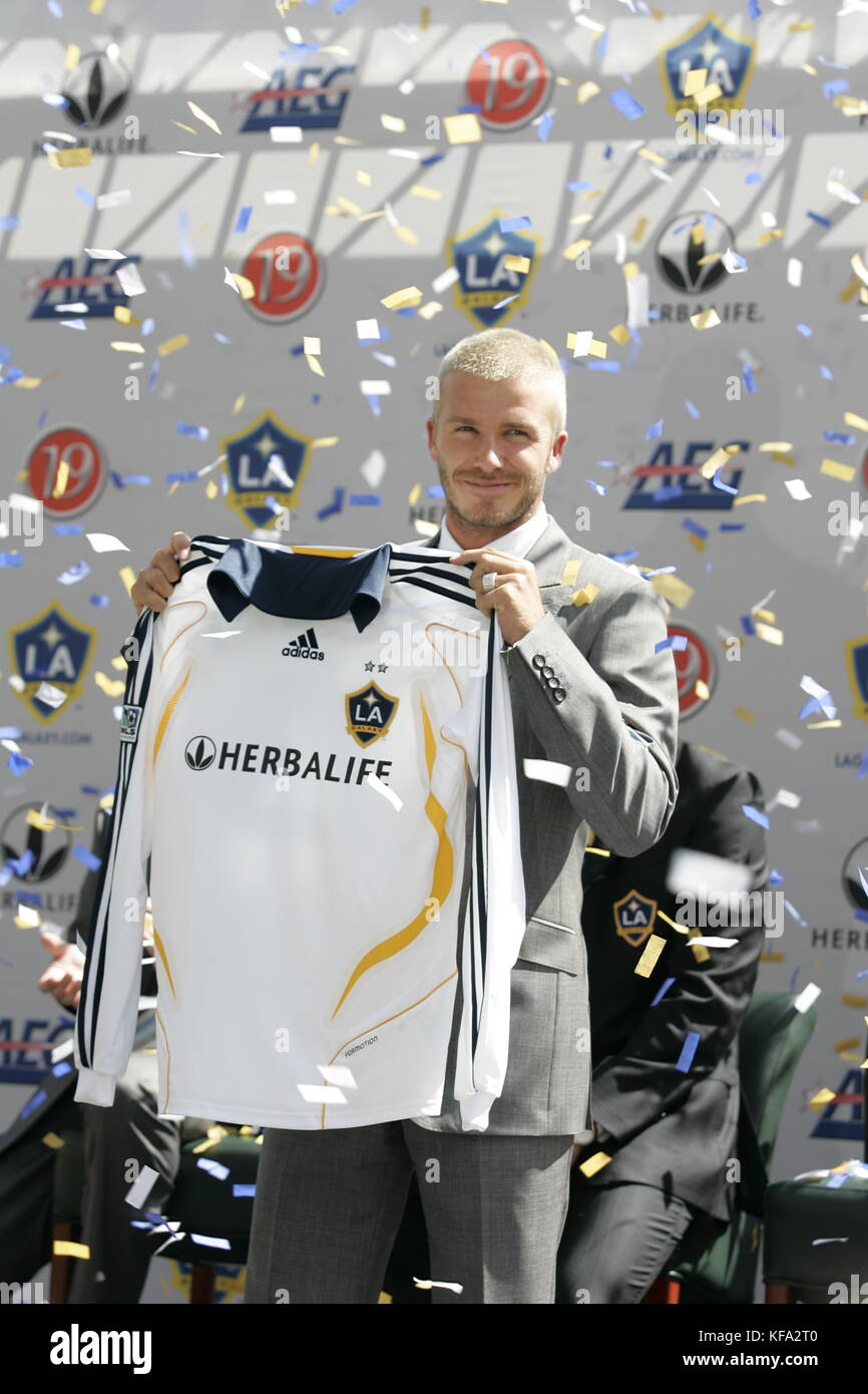David Beckham holds up his jersey at the official presentation of David  Beckham to the Los Angeles Galaxy at the Home Depot Center in Carson, CA on  July13, 2007. Photo credit: Francis