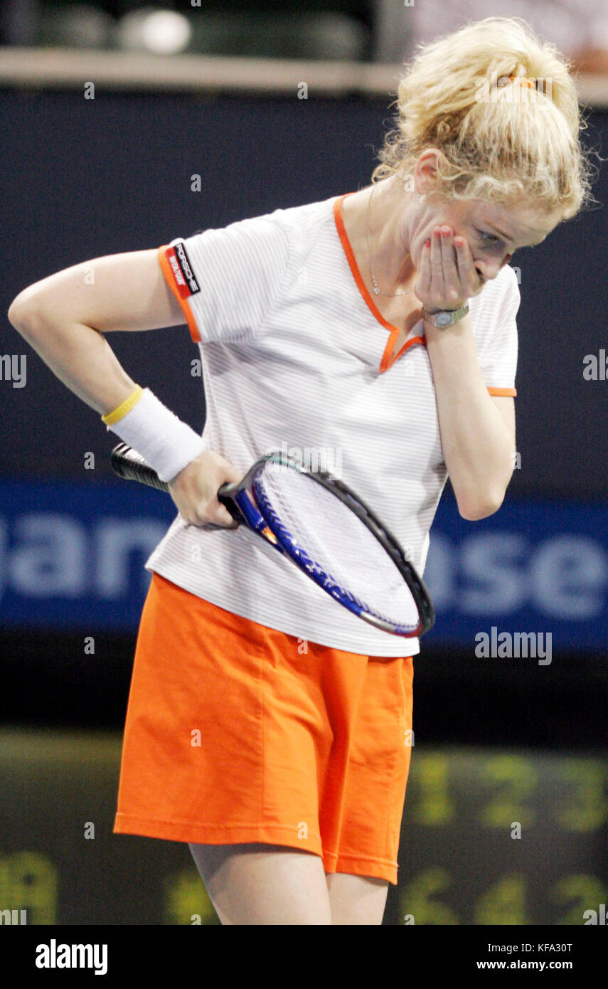 Amy Frazier of Rochester Hills, Mich. reacts after losing a point in her match against Klara Koukalova of the Czech Republic at the JP Morgan Chase Open tennis tournament at the Home Depot Center  in Carson, Calif. on Tuesday Aug. 9, 2005. Koukalova won, 6-3, 4-6, 6-3.  Photo by Francis Specker Stock Photo