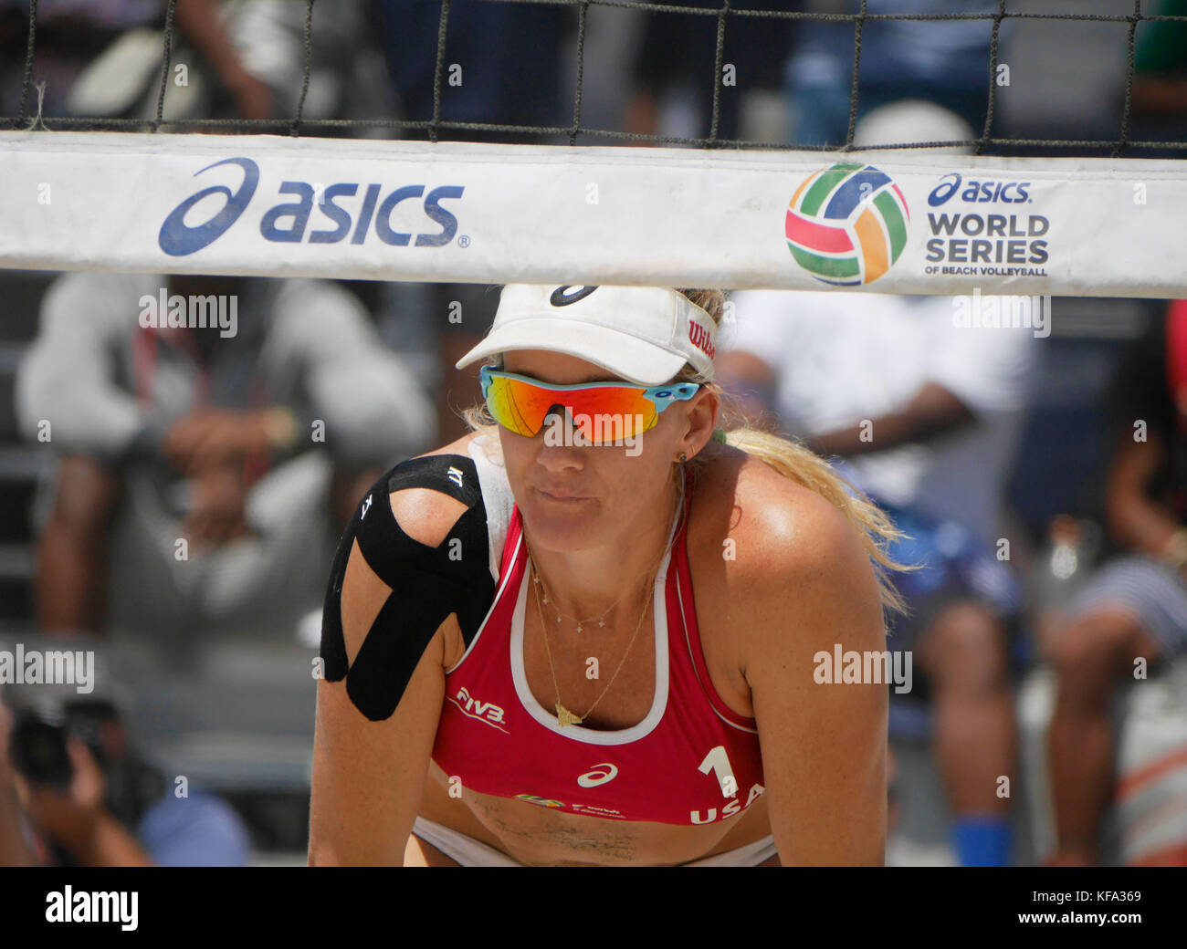 Pro volleyball player Kerri Walsh Jennings at the net at the ASICS World Series of Beach Volleyball on August 23, 2015 in Long Beach, California. Photo by Francis Specker Stock Photo