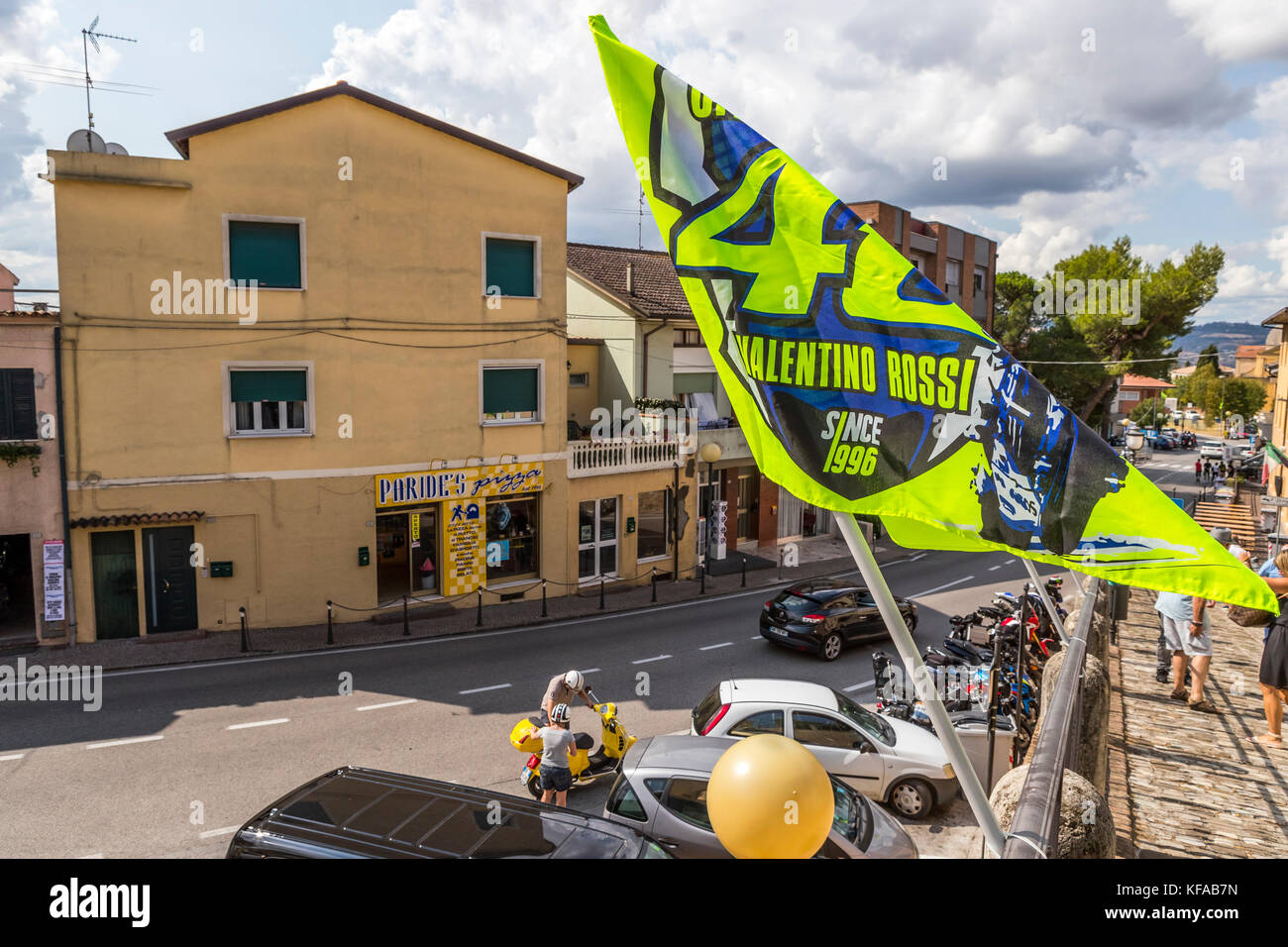 Alperne vinden er stærk Apparatet Official Fan Club flags flying in Tavullia, Italy. Hometown of Valentino  Rossi famous MotoGP star Stock Photo - Alamy