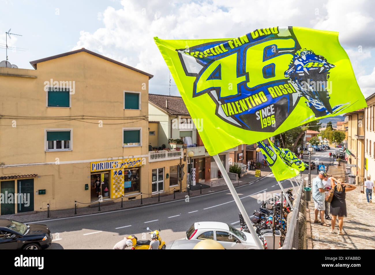 Official Fan Club flags flying in Tavullia, Italy. Hometown of Valentino  Rossi famous MotoGP star Stock Photo - Alamy