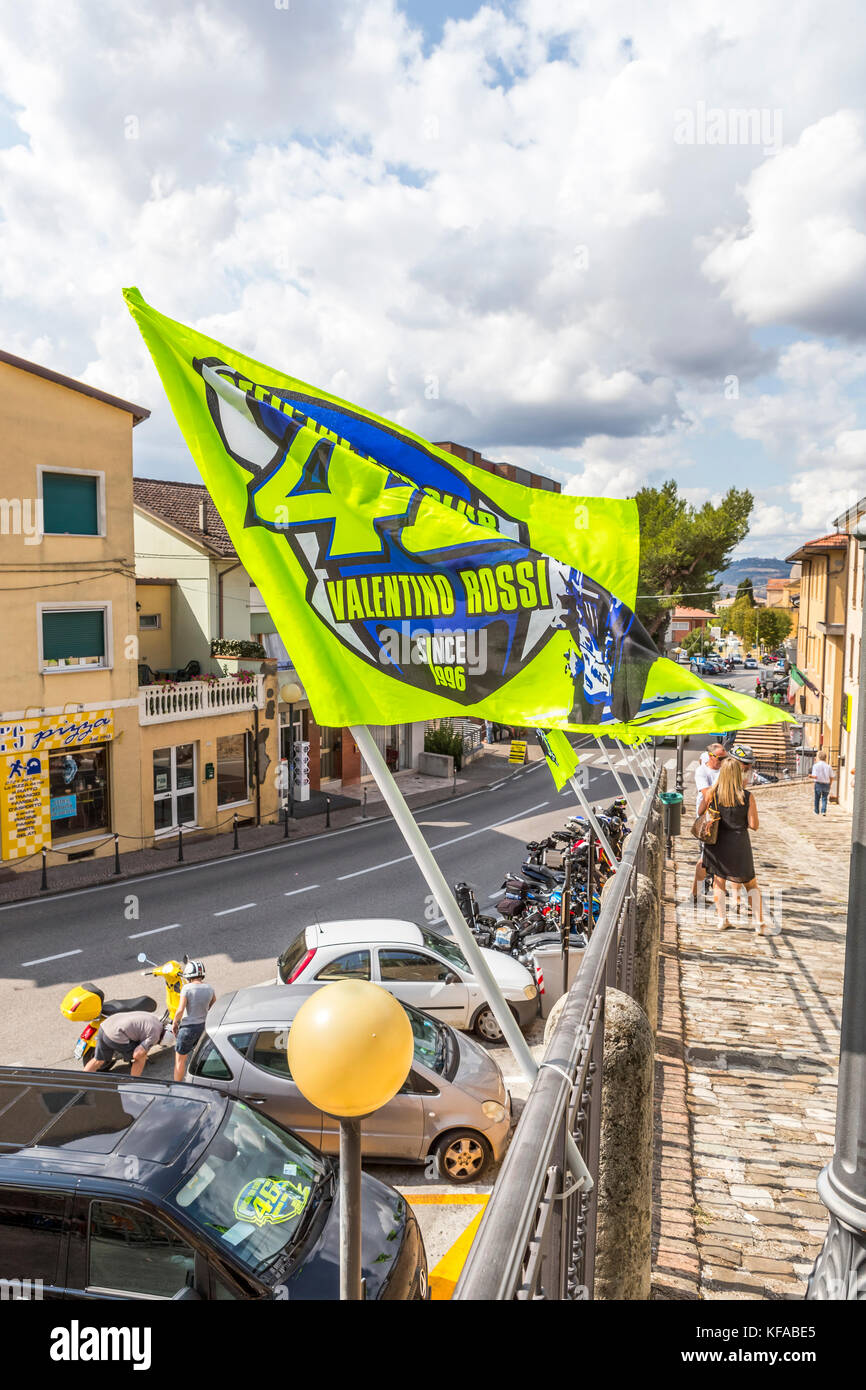 Official Fan Club flags flying in Tavullia, Italy. Hometown of Valentino  Rossi famous MotoGP star Stock Photo - Alamy