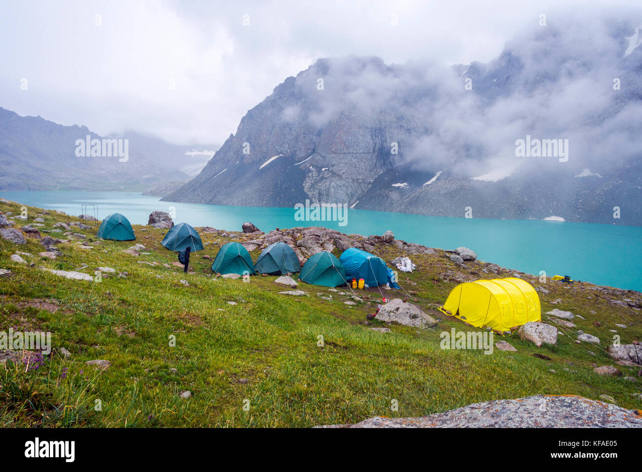 Base camp by Ala Kul lake, Karakol national park, Kyrgyzstan Stock Photo