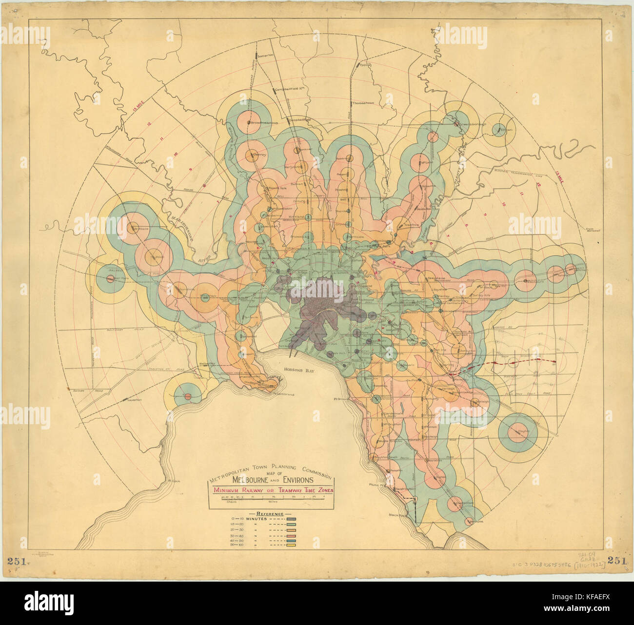 Tram map melbourne hi res stock - Map Of Melbourne And Environs Minimum Railway Or Tramway Time Zones KFAEFX