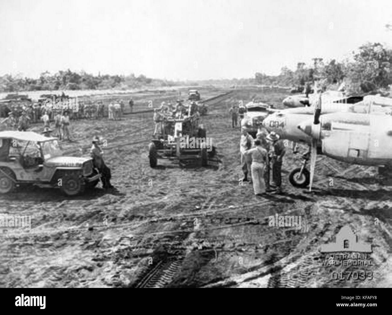 Captured Tadji airfield at Aitape with Lockheed P38 Lightning aircraft Stock Photo