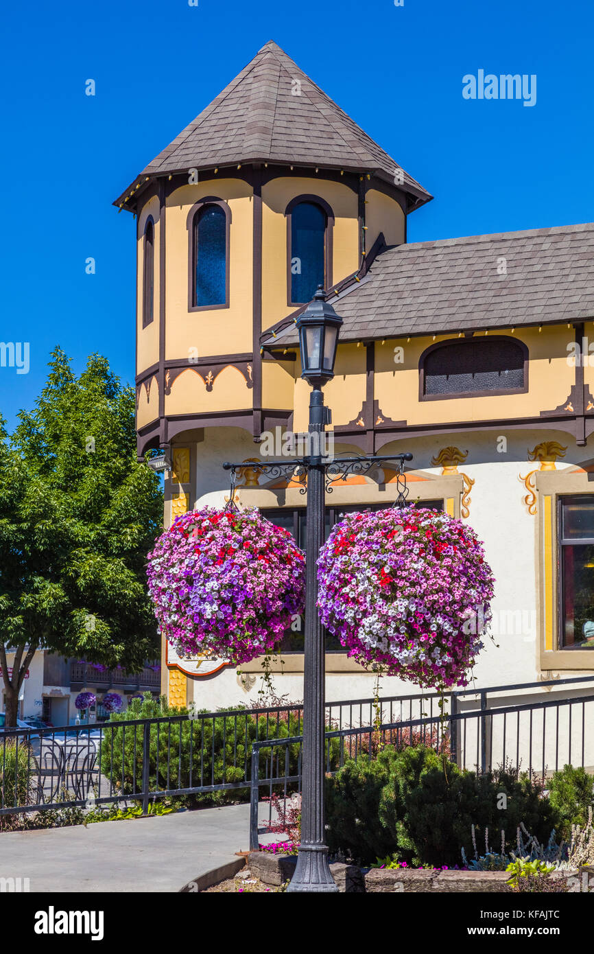 Front Street in Leavenworth a Bavarian-styled village in the Cascade Mountains in central Washington State in Chelan County, Washington, United States Stock Photo