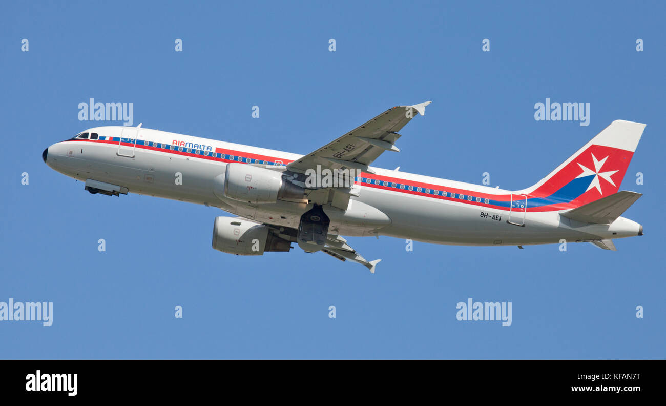 Air Malta Airbus a320 9HAEI taking off from LondonHeathrow Airport