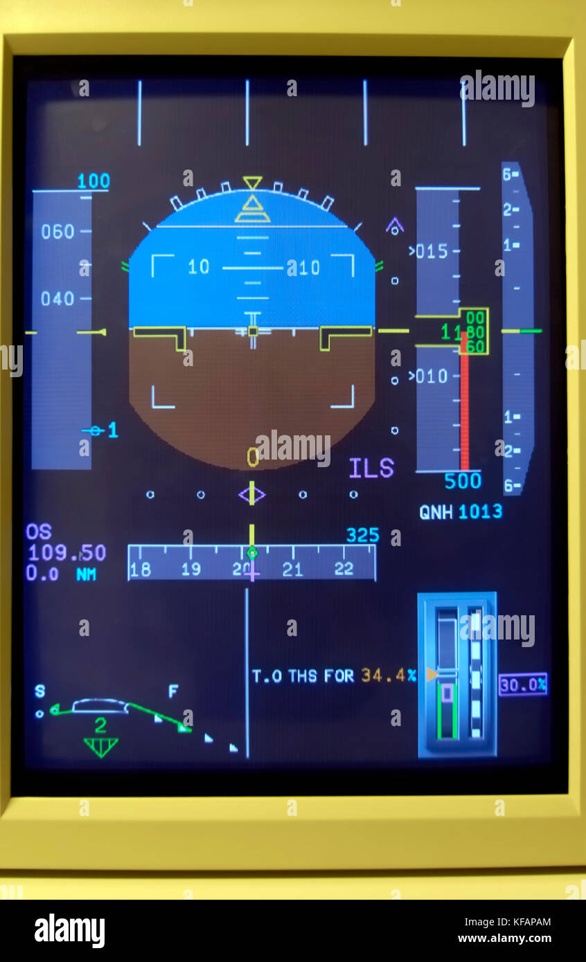 cockpit avionics screen of A380'aircraft -1' PFD showing horizon, altimeter and compass during testing Stock Photo