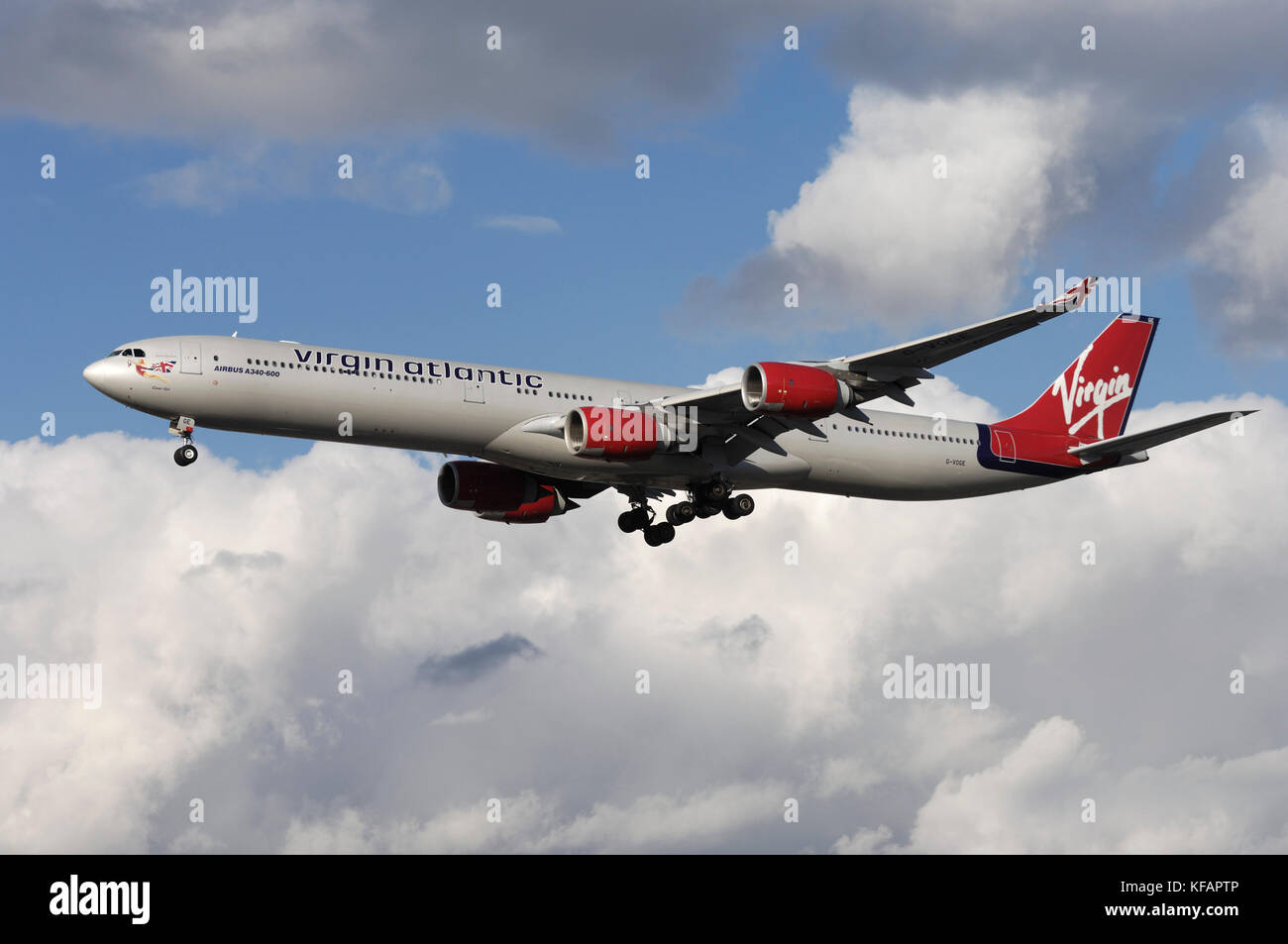 a Virgin Atlantic Airways Airbus A340-600 on final-approach Stock Photo