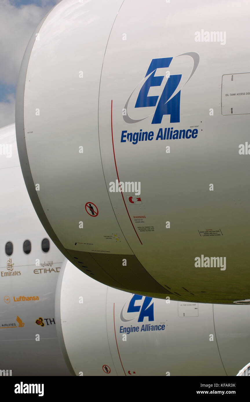 the intakes of the Engine Alliance GP7200 engines on the Airbus A380-861 in the static-display at the Paris AirShow 2007 Salon-du-Bourget Stock Photo