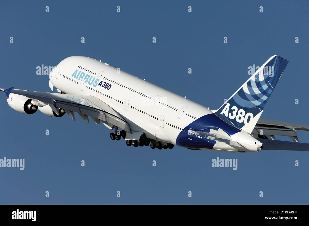 Airbus A380-800 climbing out after take-off at the Dubai AirShow 2007 Stock Photo