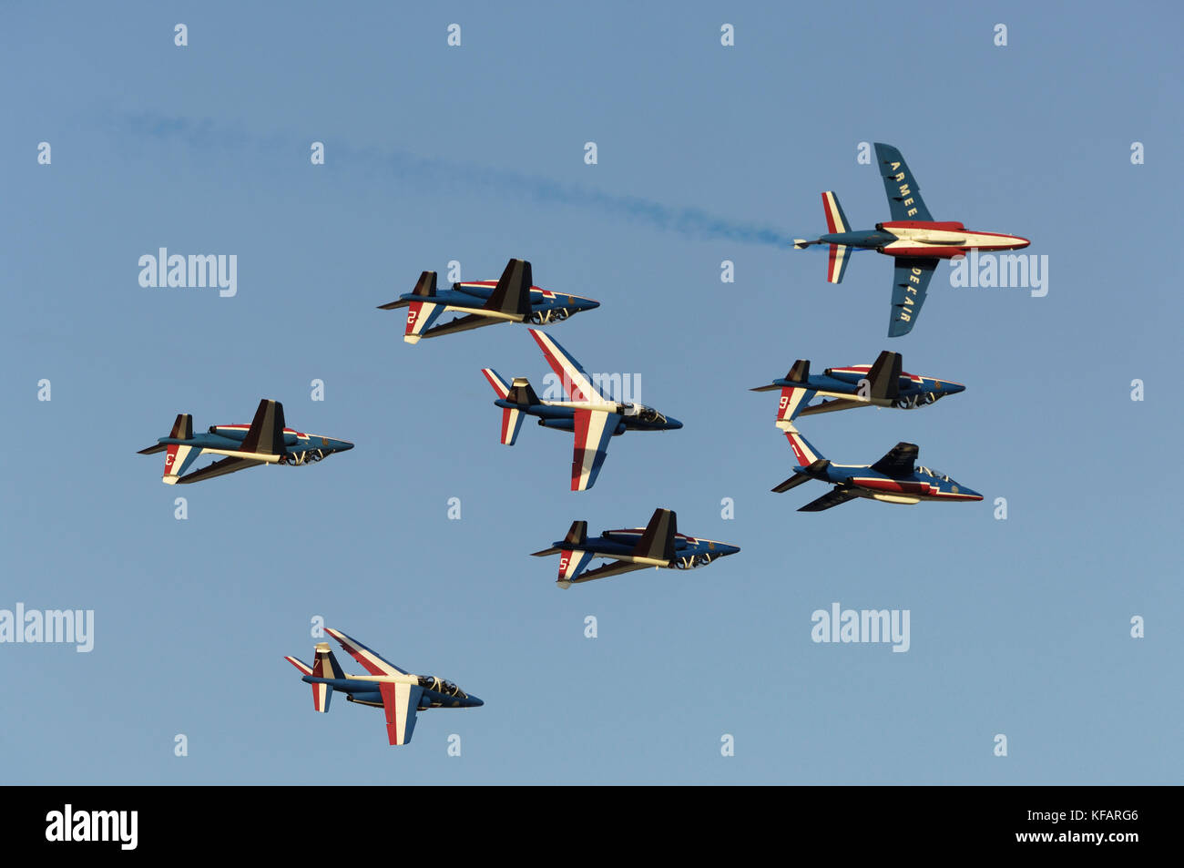 France - Air Force Patrouille de France Armee de l'Air Dassault Breguet Dornier Alpha Jets flying in formation at the Dubai AirShow 2007 Stock Photo