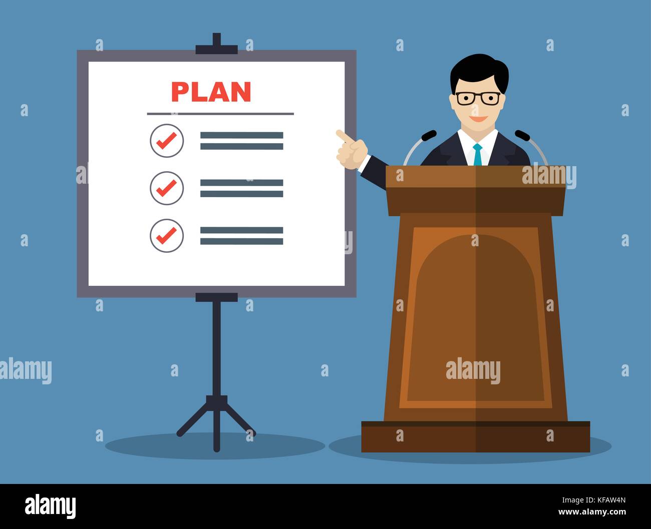 Businessmen presentation of business plan, man in formal suit giving speech on podium about business plan, for business concept-Vector Flat Design Ill Stock Vector