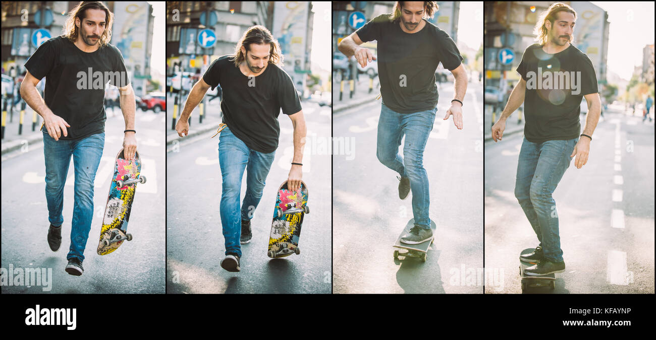 Street skateboarding jump and trick sequence. Free ride school