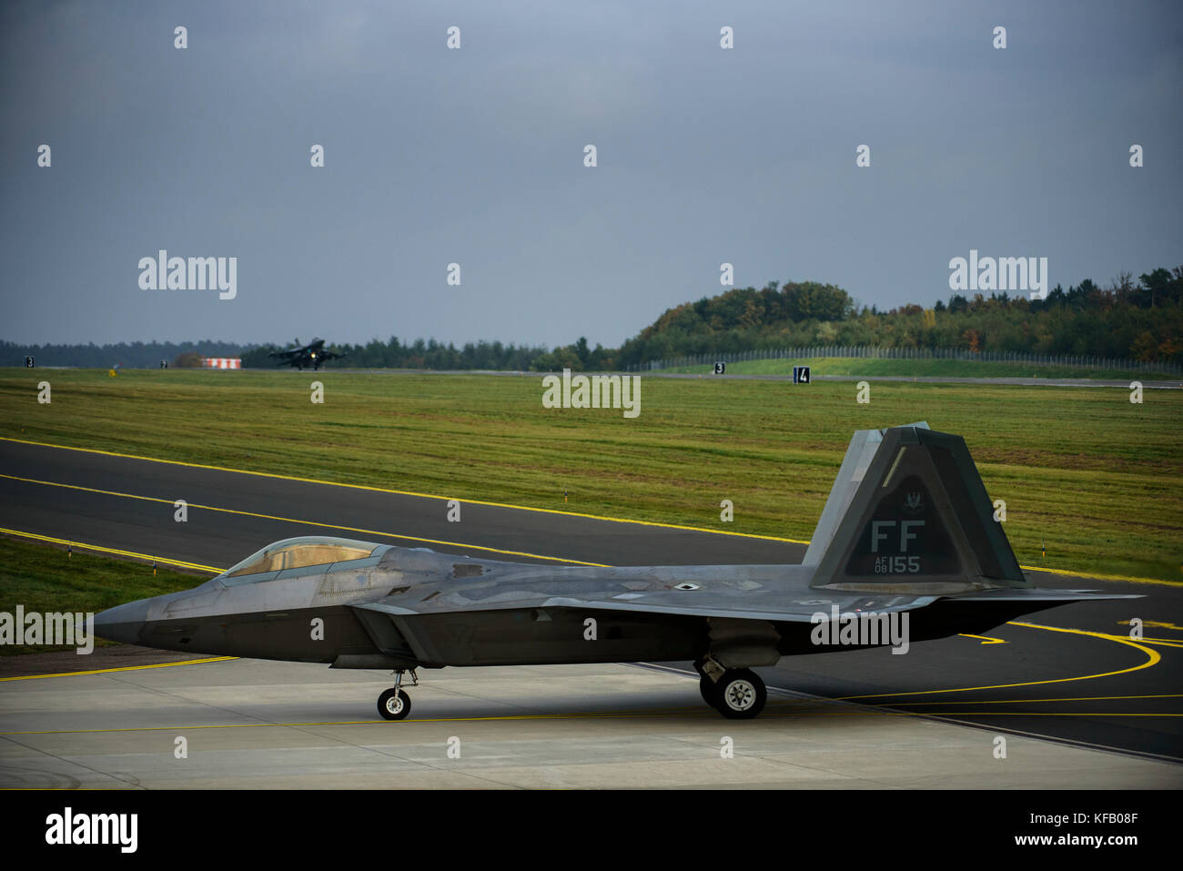 A U.S. Air Force F-22 Raptor stealth tactical fighter aircraft taxis on the runway at the Spangdahlem Air Base October 13, 2017 near Spangdahlem, Germany.   (photo by Jonathan Snyder via Planetpix) Stock Photo