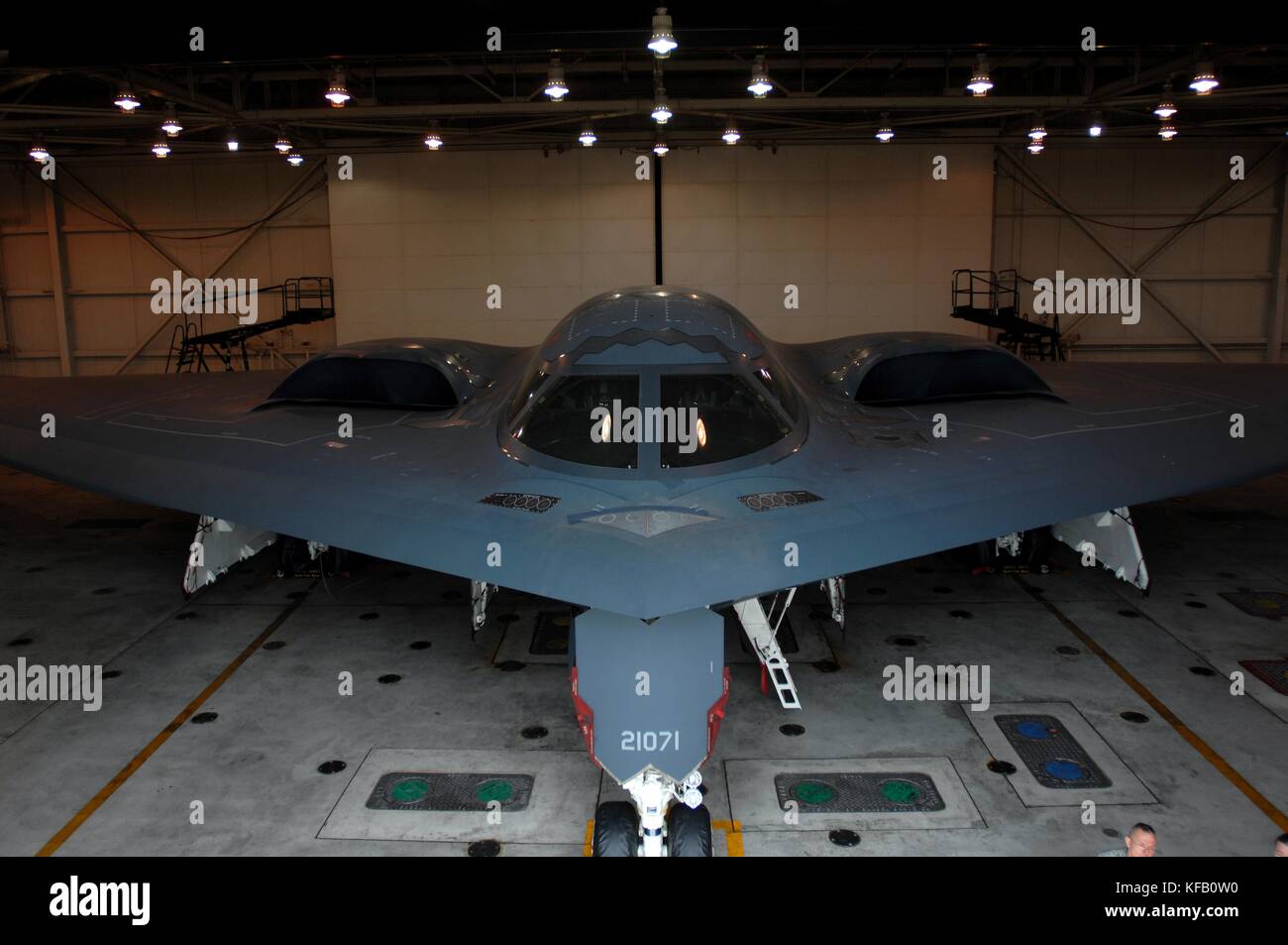 A U.S. Air Force B-2 Spirit stealth bomber aircraft sits in a hanger at the Whiteman Air Force Base October 30, 2009 near Knob Noster, Missouri.   (photo by Kenny Holston via Planetpix) Stock Photo