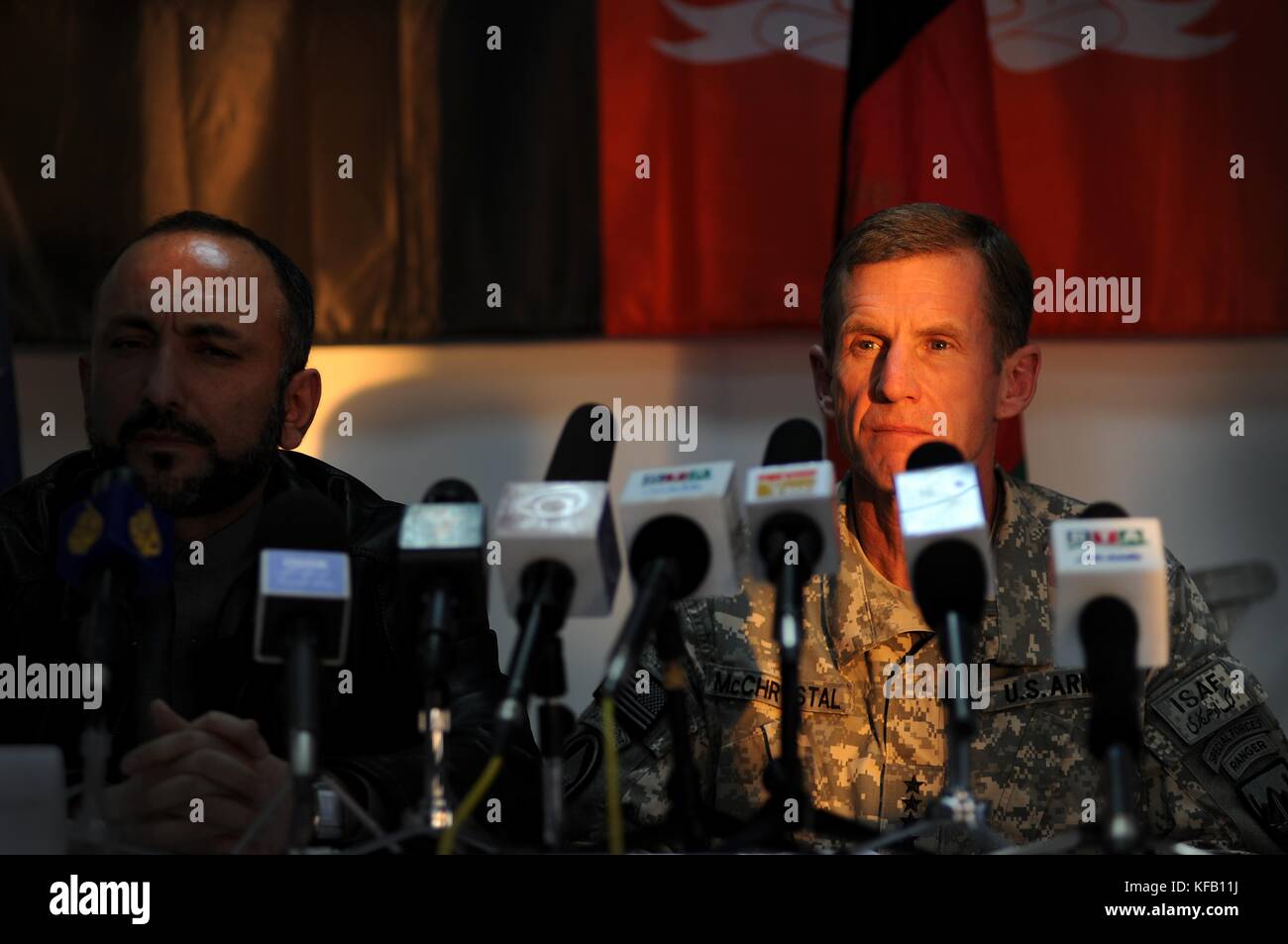 International Security Assistance Force (ISAF) and U.S. Forces Afghanistan Commander Stanley McChrystal (right) speaks during a press conference at Camp Hero February 2, 2010 in Kandahar, Afghanistan.   (photo by Kenny Holston via Planetpix) Stock Photo