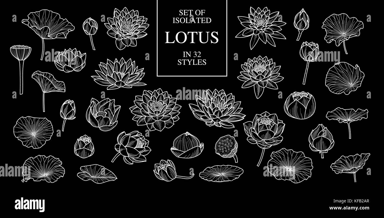 Set of isolated lotus in 32 styles. Cute hand drawn flower vector illustration only white outline on black background. Stock Vector