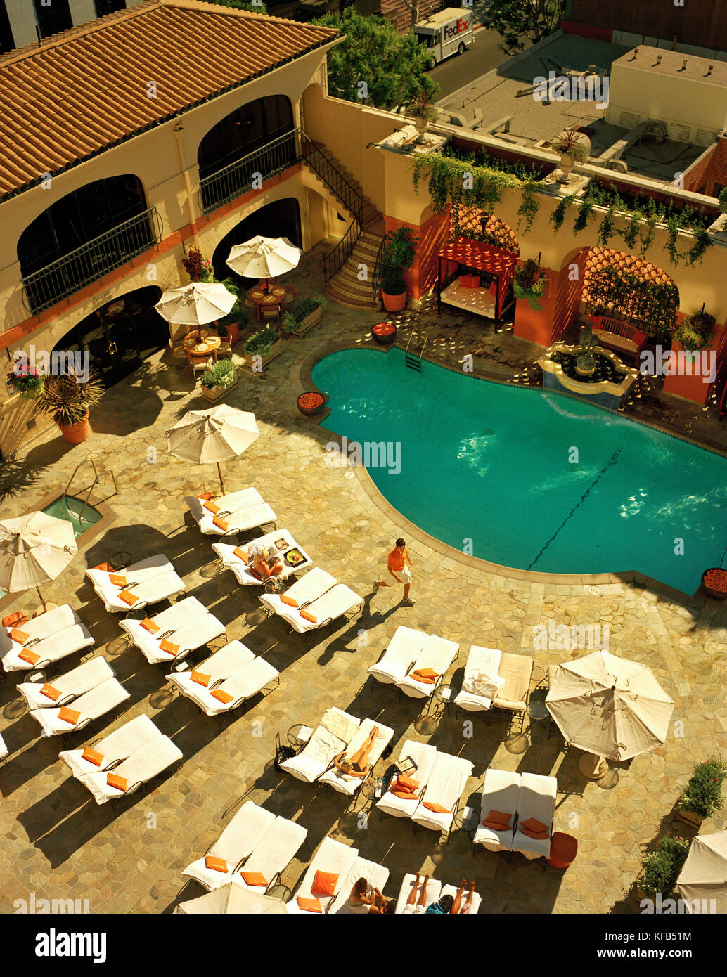 USA, California, Los Angeles, Bird's eye view of the pool at the Beverly Wilshire Hotel, Four Seasons Resort on Rodeo Drive Stock Photo