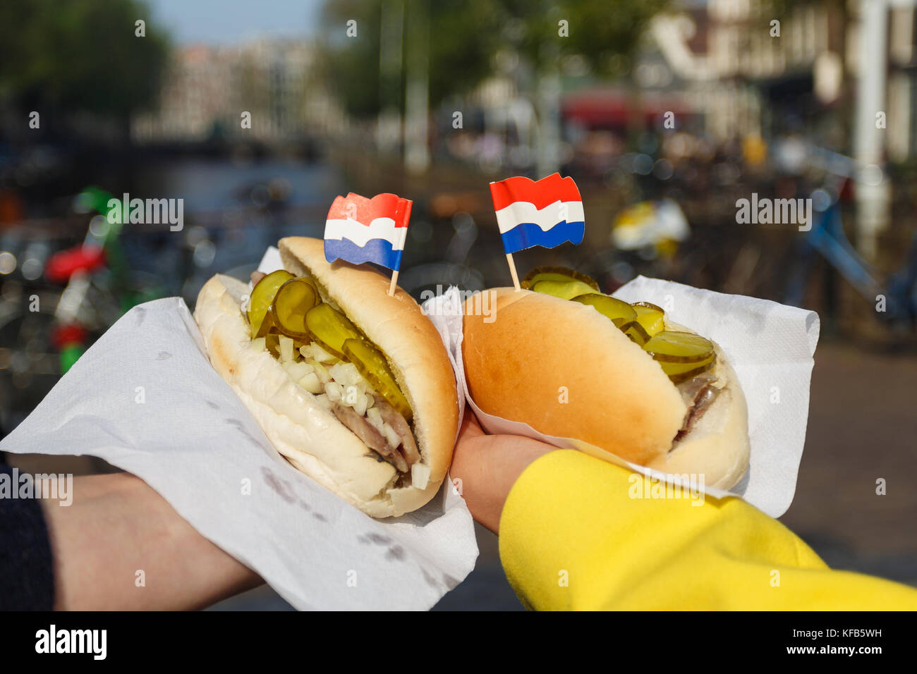 Traditional dutch sandwich with herring in a hands outdoors Stock Photo Alamy