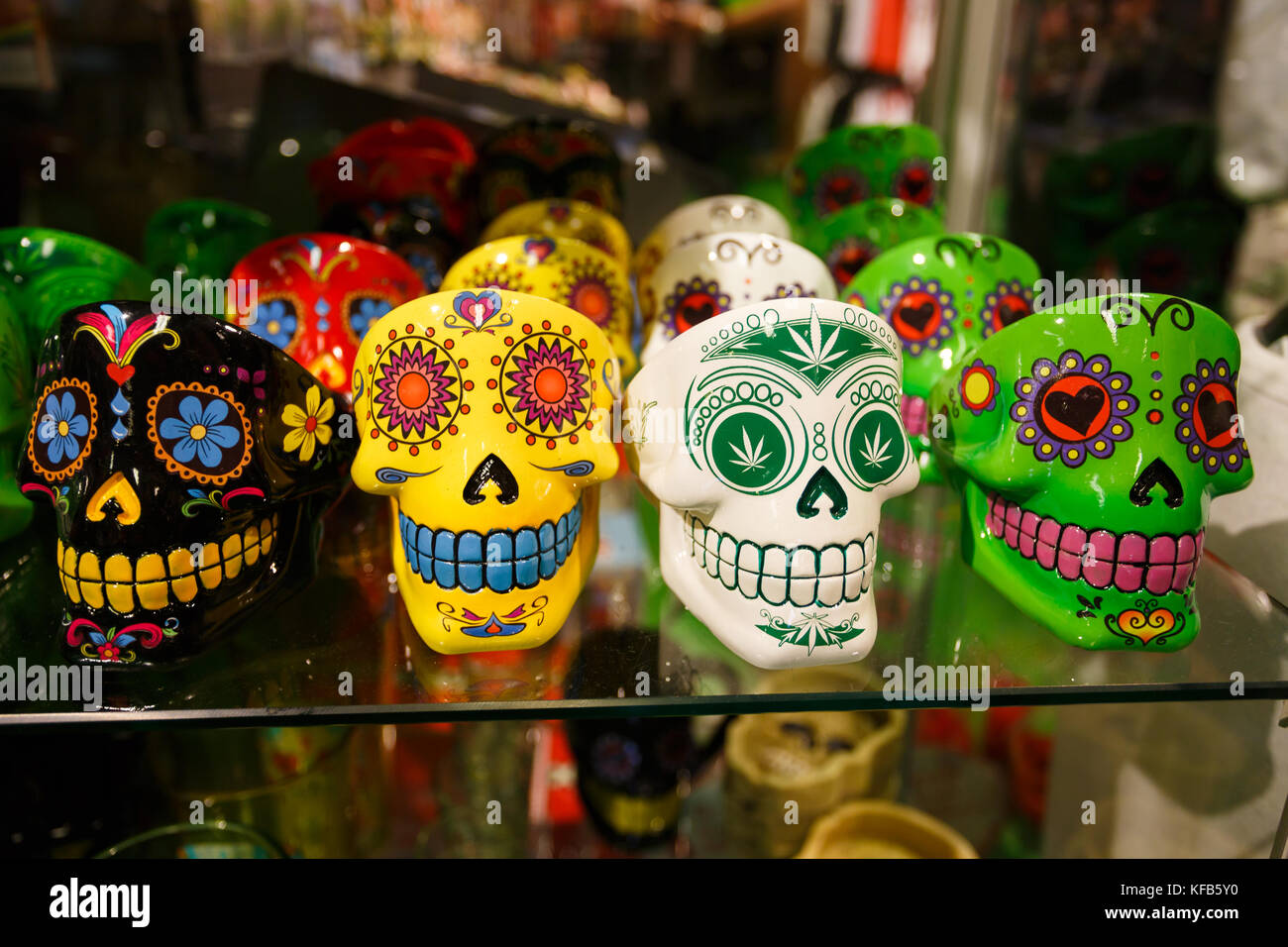 Amsterdam, Netherlands - September 24 2017: Painted sketches of marijuana skulls on the window case of Amsterdam souvenir shop Stock Photo